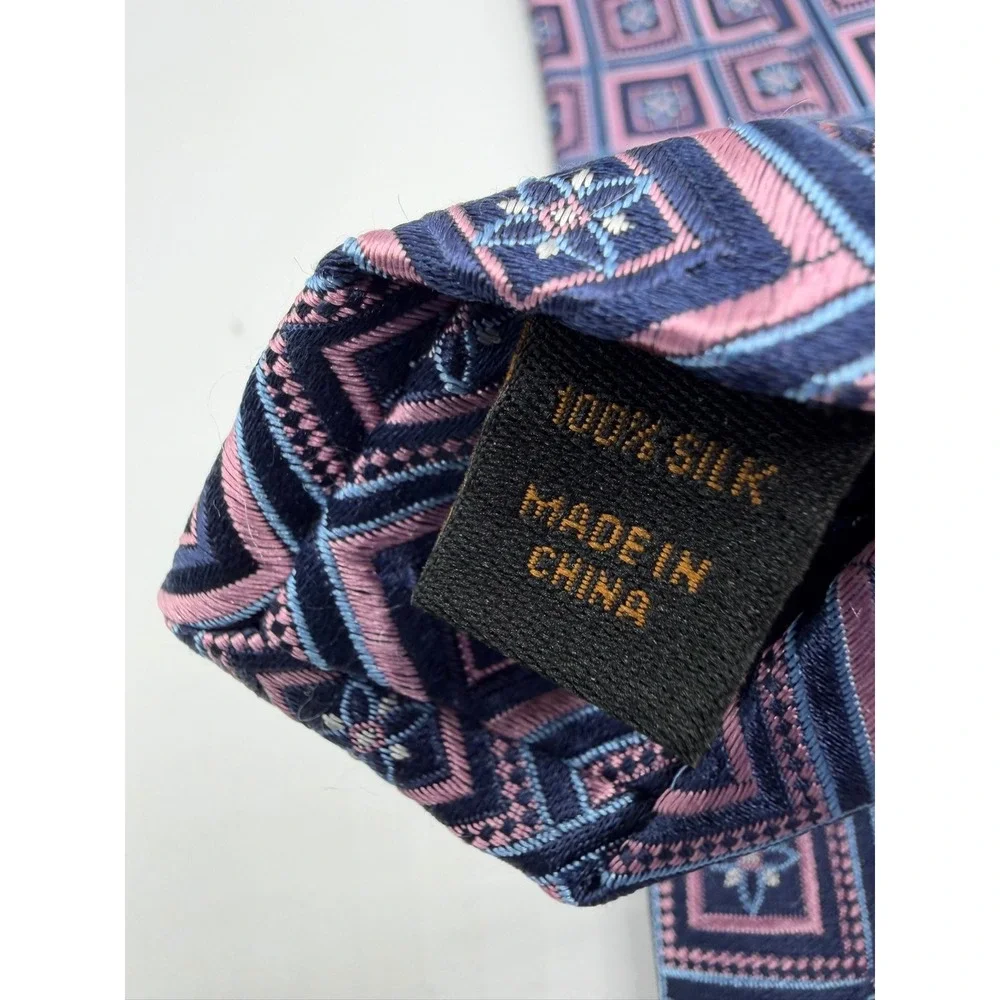 Jos. A. Bank Reserve Navy Pink Geometric Floral Silk Men's Necktie Classic Width